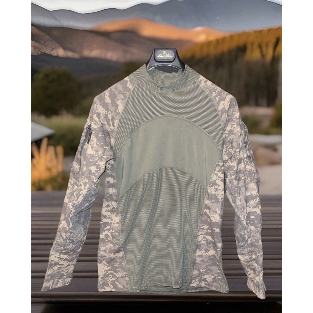 Massif Army Combat Shirt Men L Olive Green Camo Zipper Pocket Stretch Adjustable